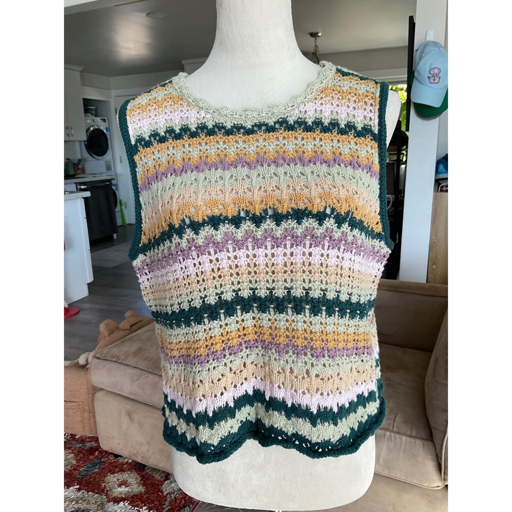 Crochet Knit Striped Sweater Vest Scallop Hem Top Universal Thread Women XL